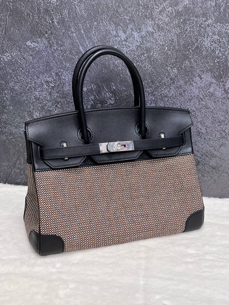 Сумка Hermes Birkin 30 Black Swift and Ecru Toile Quadrille