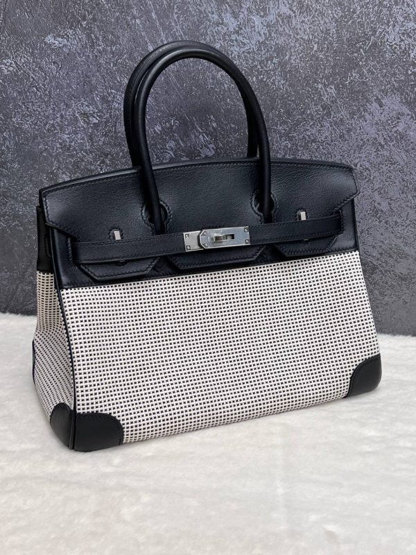 Hermes Birkin 30 Black Swift and Ecru Toile Quadrille